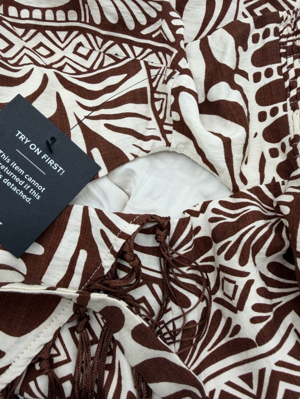 Lulus NWT “Nahia” Brown Boho Print Fringe Faux-Wrap Halter Mini Dress. Sz Large - Picture 10 of 15